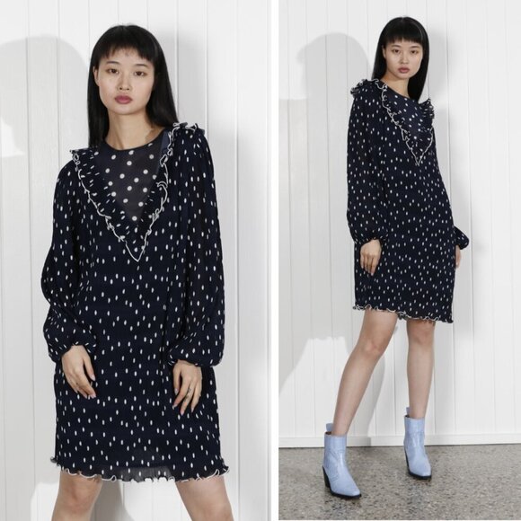 NEW Ganni Lowell Polka Dot Georgette Mini Dress Blue White Nautical Preppy - Picture 1 of 10